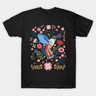 Folk Art Inspired Hummingbird With A Flurry Of Flowers T-Shirt